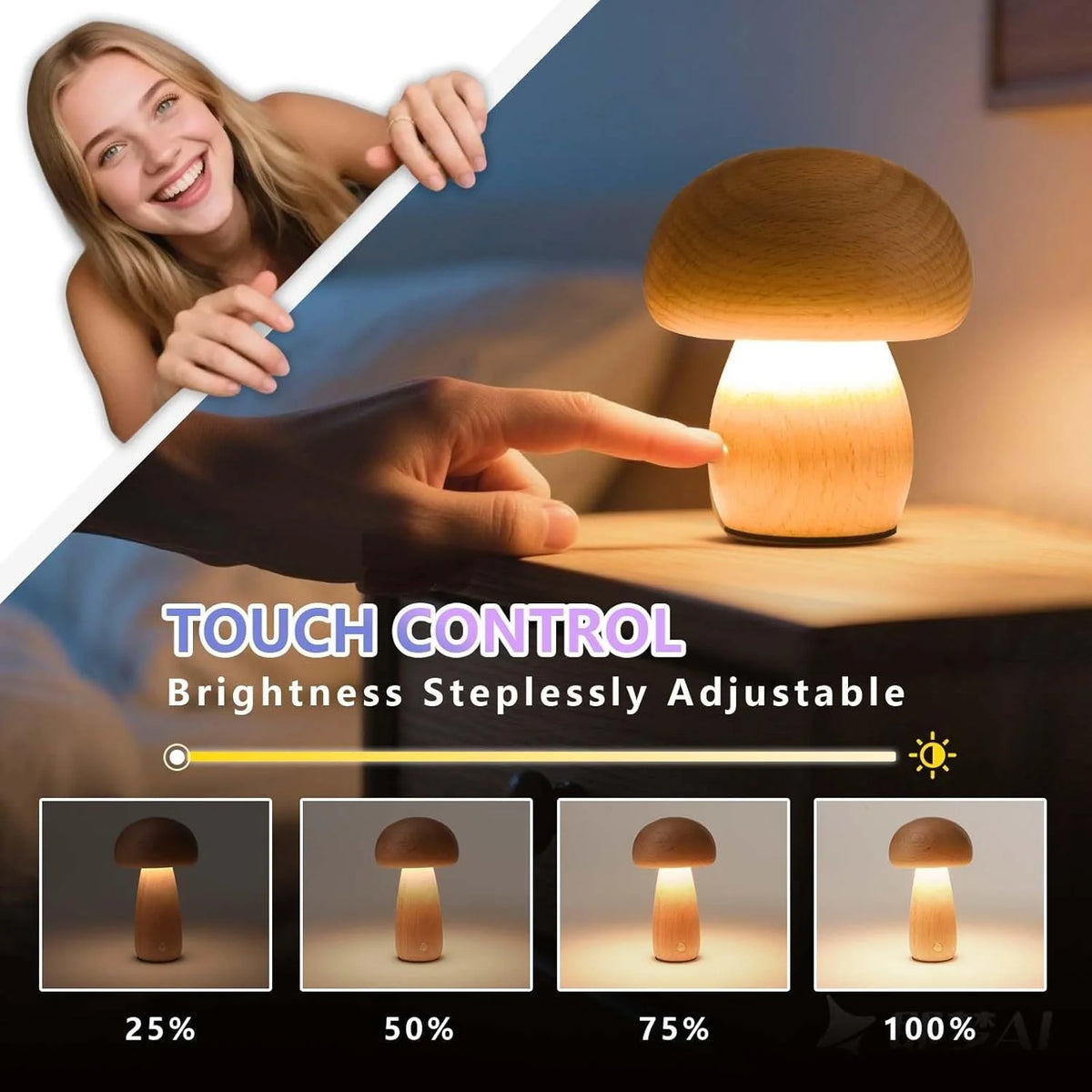 Rechargeable Mushroom Night Light - Dimmable Touch LED Bedside Lamp for Bedroom, Kids & Nursery