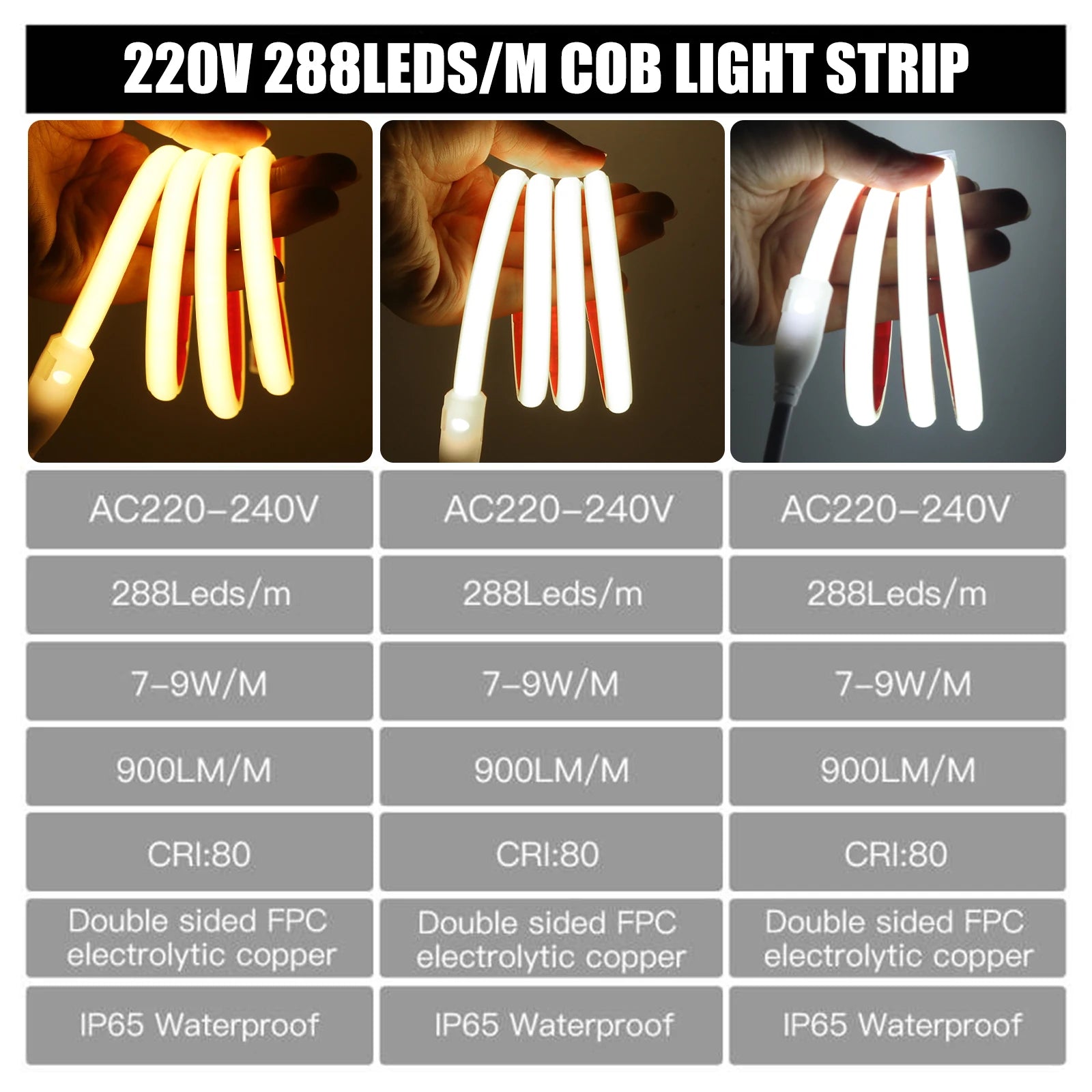 220V COB LED Strip Light 288 LEDs/m IP67 Dimmable with EU Plug & Switch - Flexible Adhesive Tape