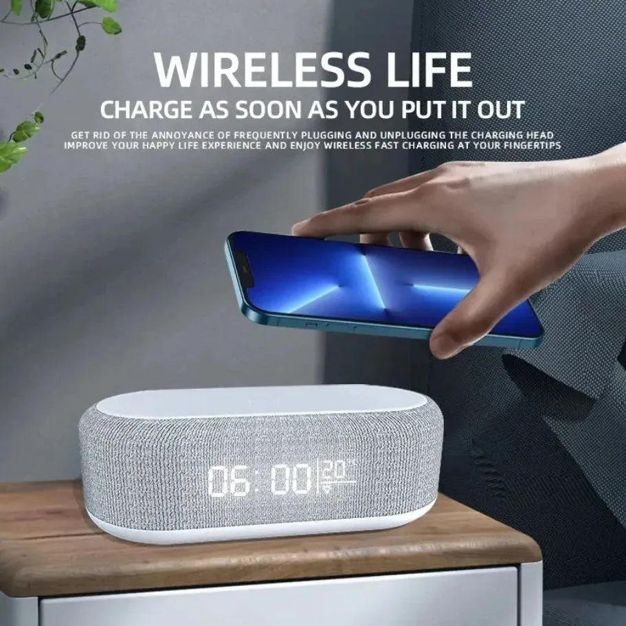 Qi Wireless Charging Alarm Clock with LED Night Light & Thermometer — 15W Fast Charge Dock for Smartphones