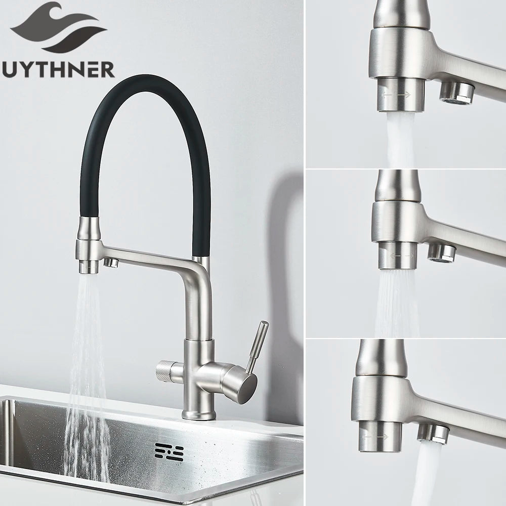 Brass Kitchen Water Filter Faucet Dual-Spout Mixer – 360° Swivel Filtered Drinking Tap, Hot & Cold