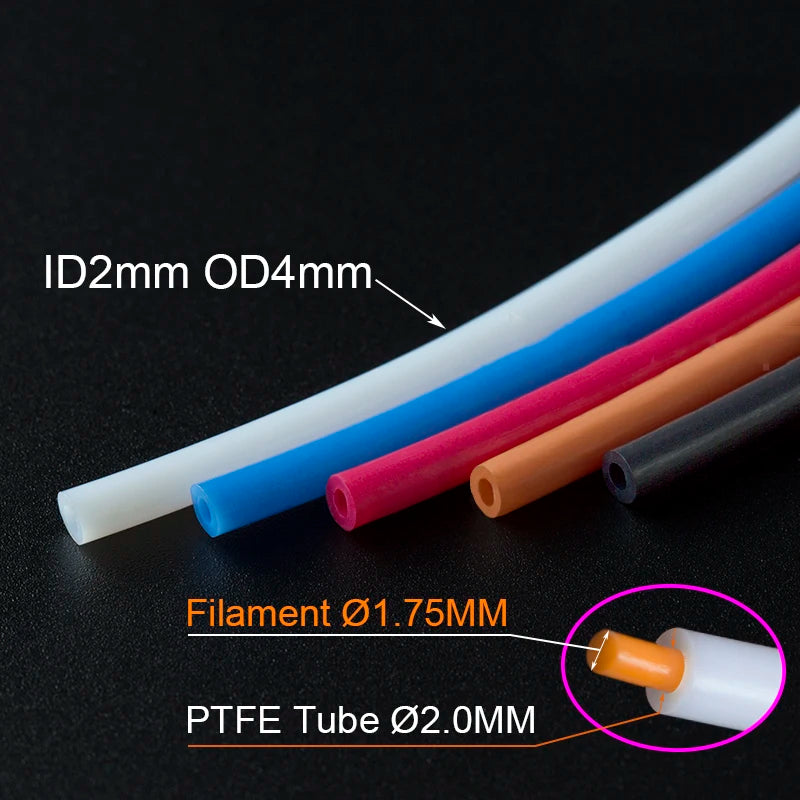 PTFE Bowden Tube for 3D Printers — 2mm ID x 4mm OD for 1.75mm Filament, 1/2/4 Meter Options (J-head & MK8 Compatible)