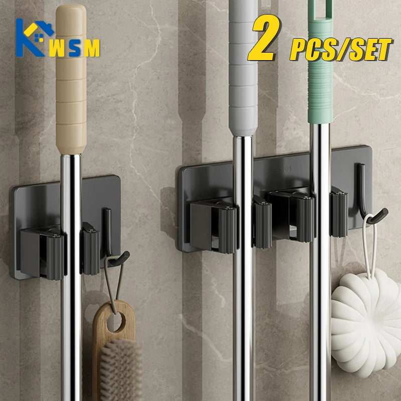 1-3 Pack Stainless Steel Nail-Free Wall Mounted Mop & Broom Holder Waterproof Bathroom Storage Rack