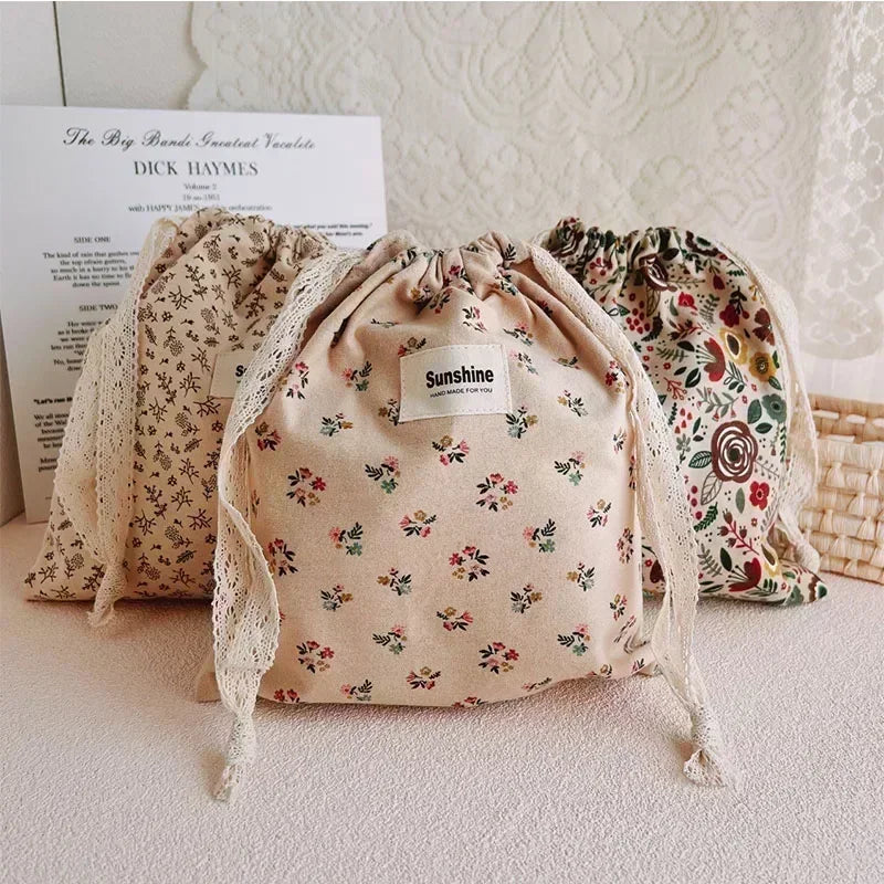 Printed Floral Diaper Bag – Cotton Drawstring Mommy Nappy Bag, Travel & Stroller-Friendly Organizer