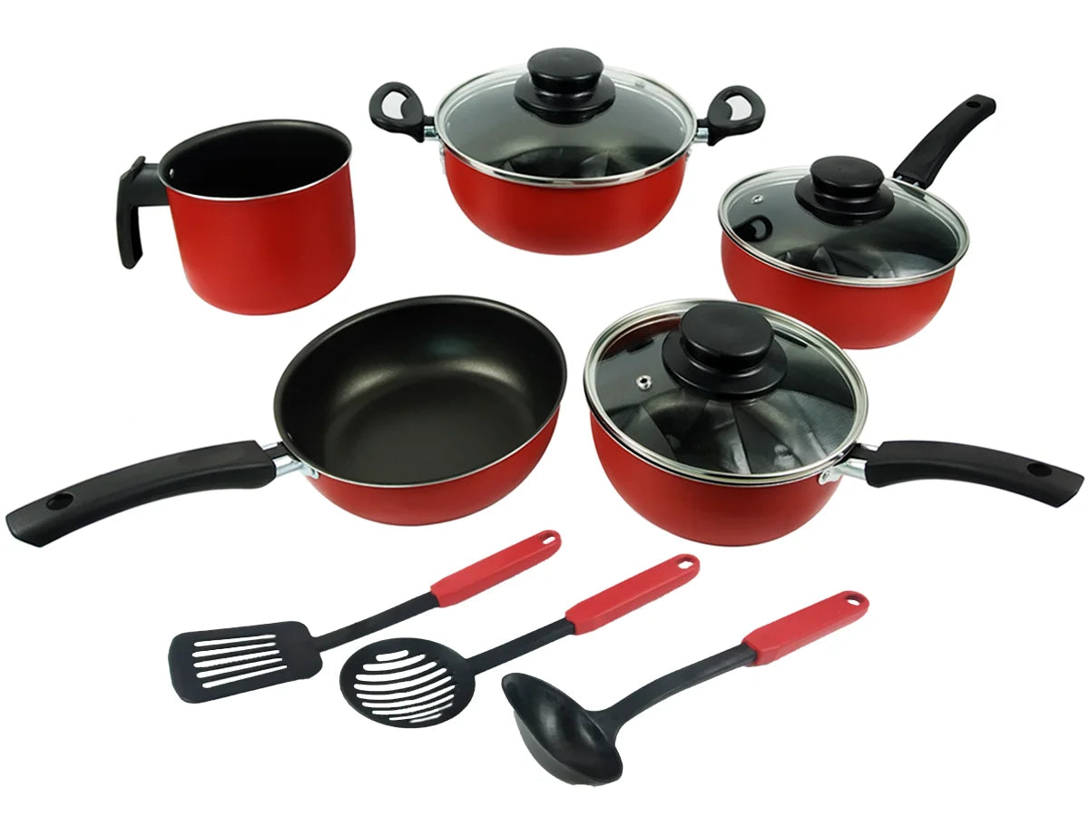 8-Piece Nonstick Aluminum Cookware Set with Tempered Glass Lids & Utensils, Red