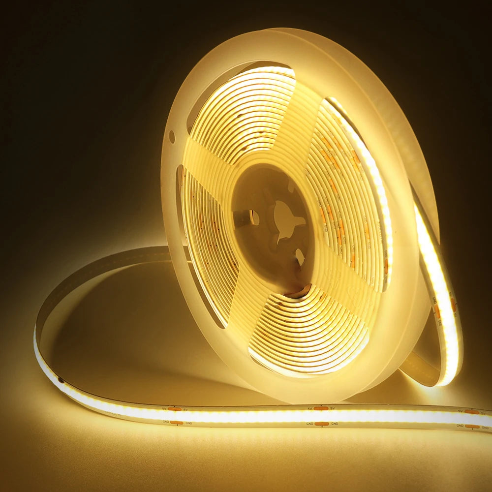 5V COB LED Strip Light with Motion Sensor – USB or 4×AAA Battery Powered, 320 LEDs/m, Cuttable, 0.5–5m (Warm to Cool White + RGB)