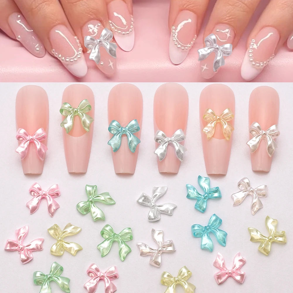 100-Pack 3D Pink Pearlescent Resin Bow Nail Charms — Flat Back Bowknot Nail Art Decorations for DIY Manicure