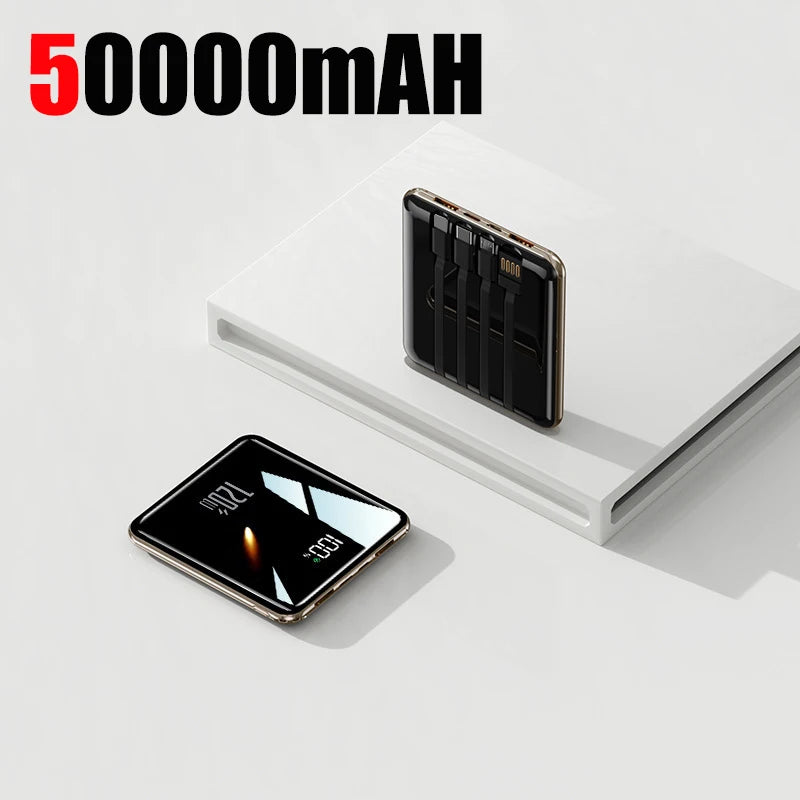 50000mAh Mini Power Bank - Large Capacity Fast Charging Portable Charger with 4 Built-In Cables (USB-C, Lightning, Micro USB) for Smartphones