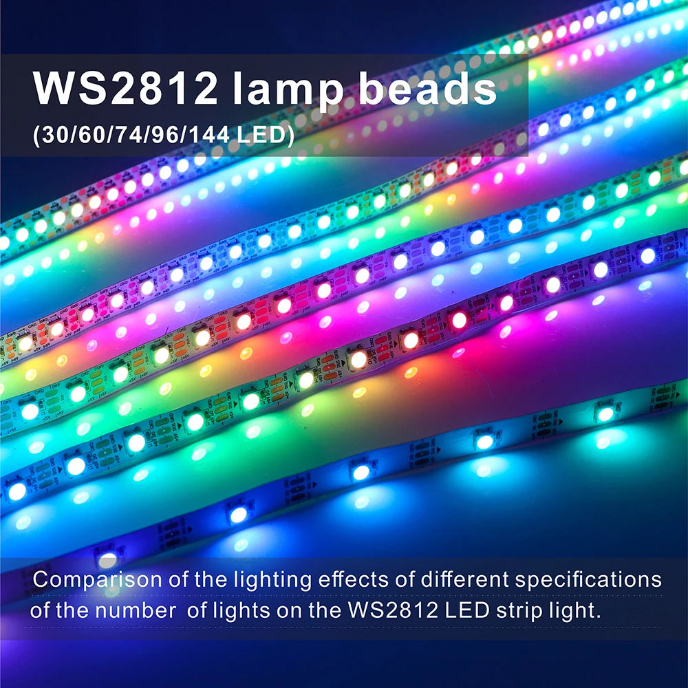 5V Addressable RGB LED Strip — Smart Digital Pixel Tape, 30/60/74/96/144 LEDs/m, 1m–5m (3.3–16.4 ft), Black/White PCB, IP30/IP65/IP67
