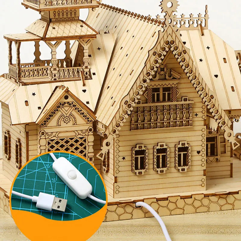 3D Wooden Villa Castle Puzzle Kit with LED Light - DIY House Model & Desktop Decoration Gift for Teens & Adults