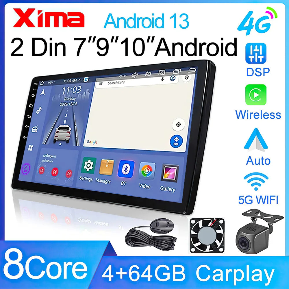 2-DIN Android Car Stereo - CarPlay & Android Auto, 7/9/10.1 inch (17.8/22.9/25.6 cm) QLED GPS, 8-Core CPU, DSP, WiFi & 4G, 6GB/128GB