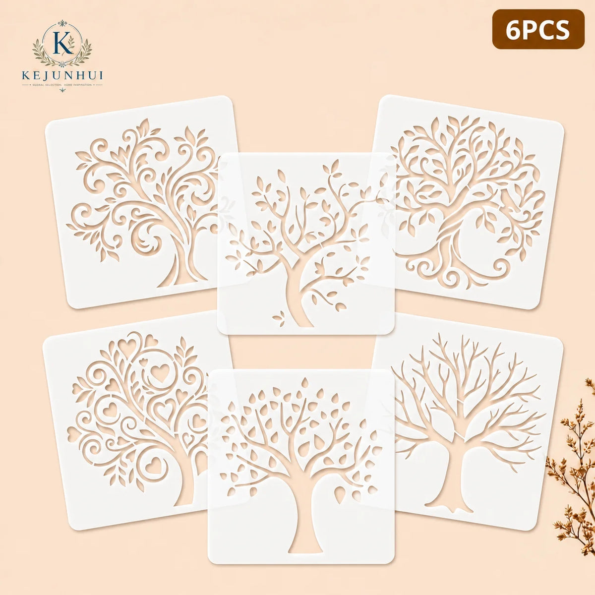 6-Pack 3.9 x 3.9 in (10 x 10 cm) Tree of Life Reusable PET Stencil Set, DIY Painting Craft Templates for Wall, Wood, Fabric