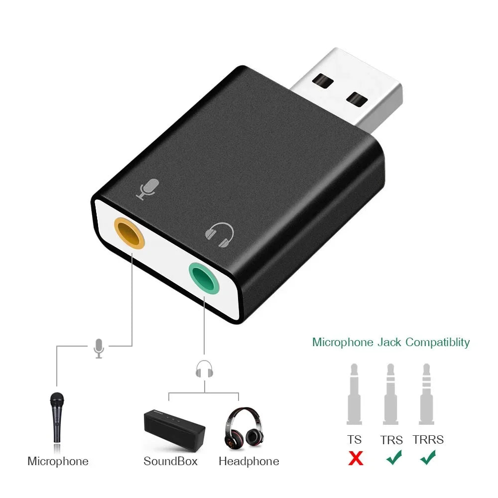 External USB Sound Card Adapter – USB to 3.5mm Headphone & Mic Converter, Virtual 7.1, Plug & Play