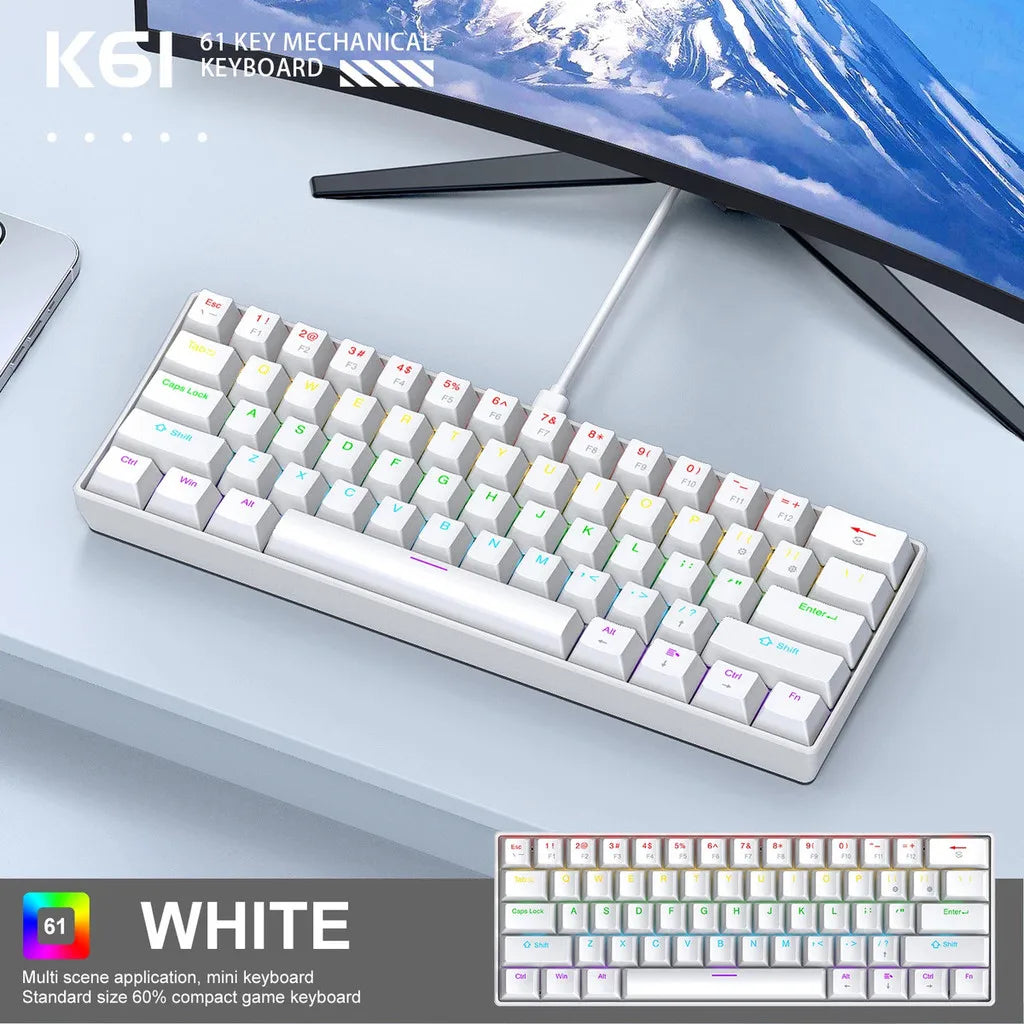 60% 61-Key Wired Mechanical Keyboard – RGB Backlit, PBT Keycaps, Red & Blue Switch Options, Compact Portable Gaming