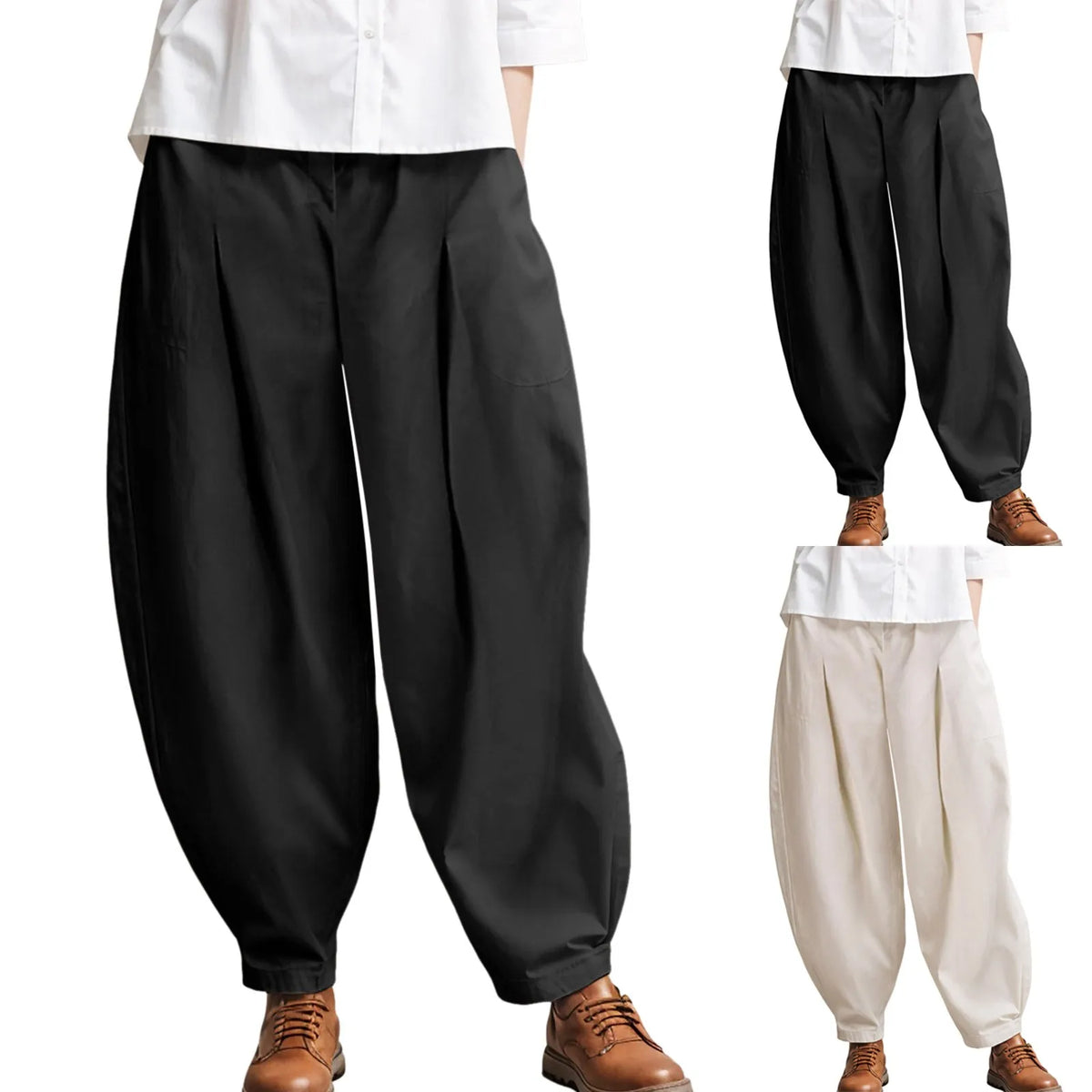 Women's Harem Wide-Leg Pleated Pants - Elastic Waist with Pockets, Casual Trousers