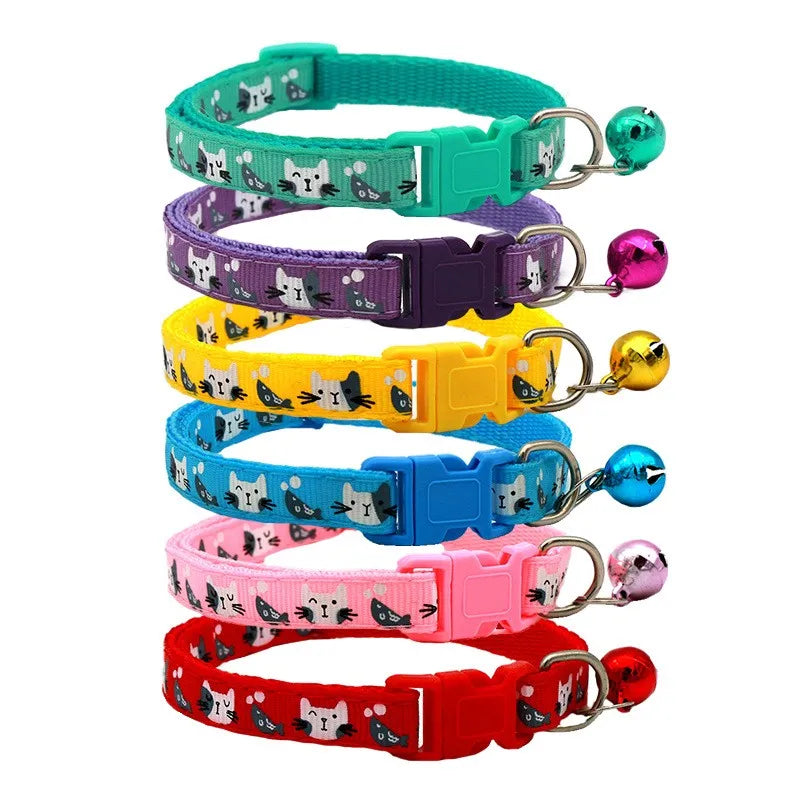 Adjustable Cat & Small Pet Collar with Bell — Colorful Cat Pattern, 19–32 cm (7.5–12.6 in), 1 cm (0.39 in) Width
