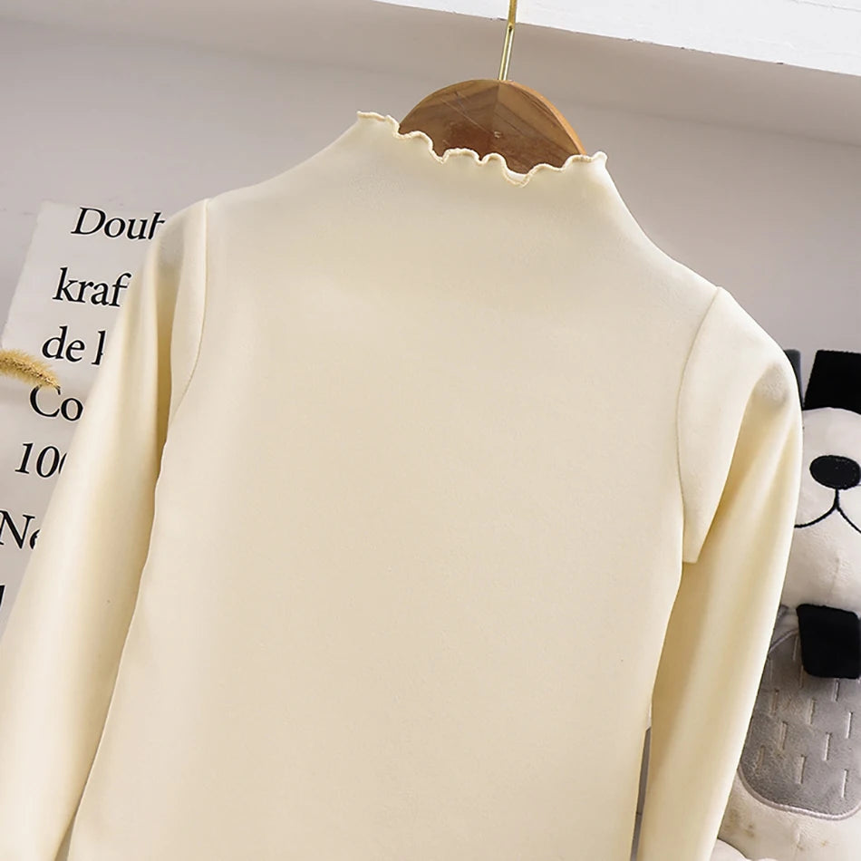 Girls Turtleneck Long Sleeve Lettuce-Edge Knit Tee – Solid Color Autumn Winter Top