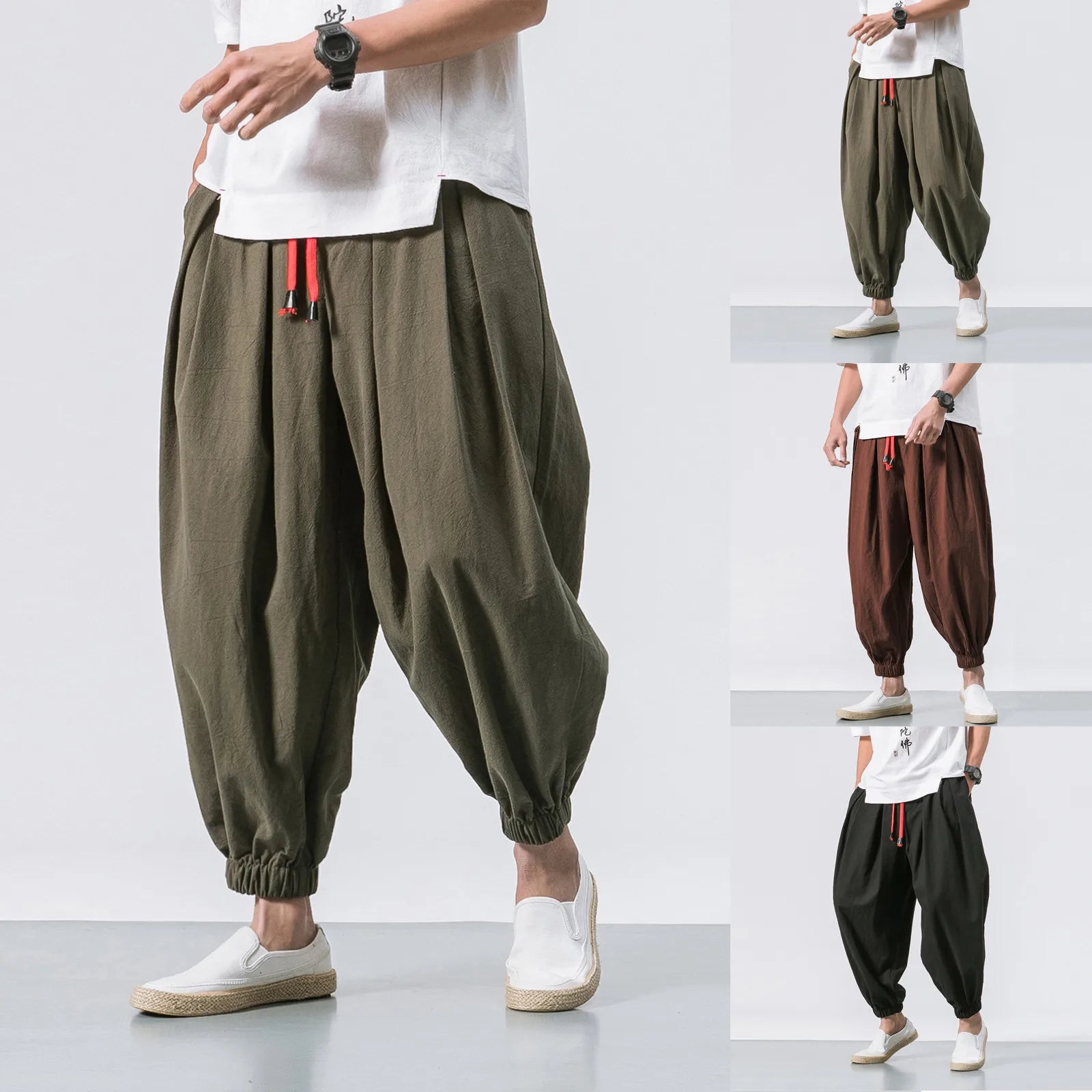 Men's Cotton Linen Wide-Leg Casual Pants – Ankle-Length Pleated Twill Trousers with Elastic Waist & Pockets