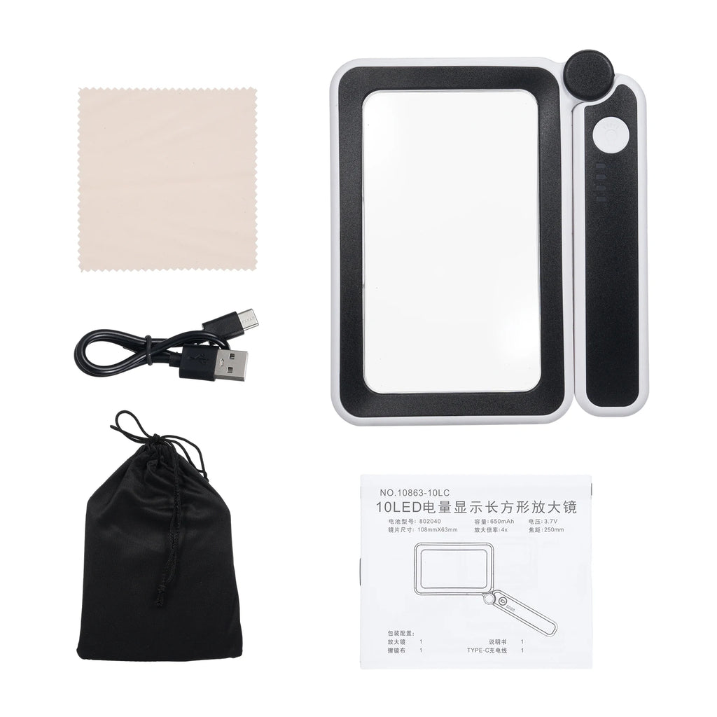 4X Rechargeable LED Handheld Magnifier, Wide Rectangular Reading Loupe with 10 LEDs and USB-C Charging