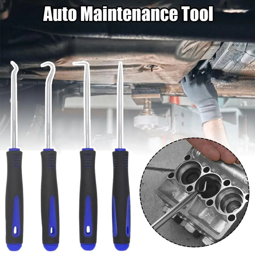 4-Piece Car Oil Seal Hook Tool Set - O-Ring Gasket Puller & Hose Remover, Blue TPR Handles, 165mm (6.5 in) & 240mm (9.45 in)
