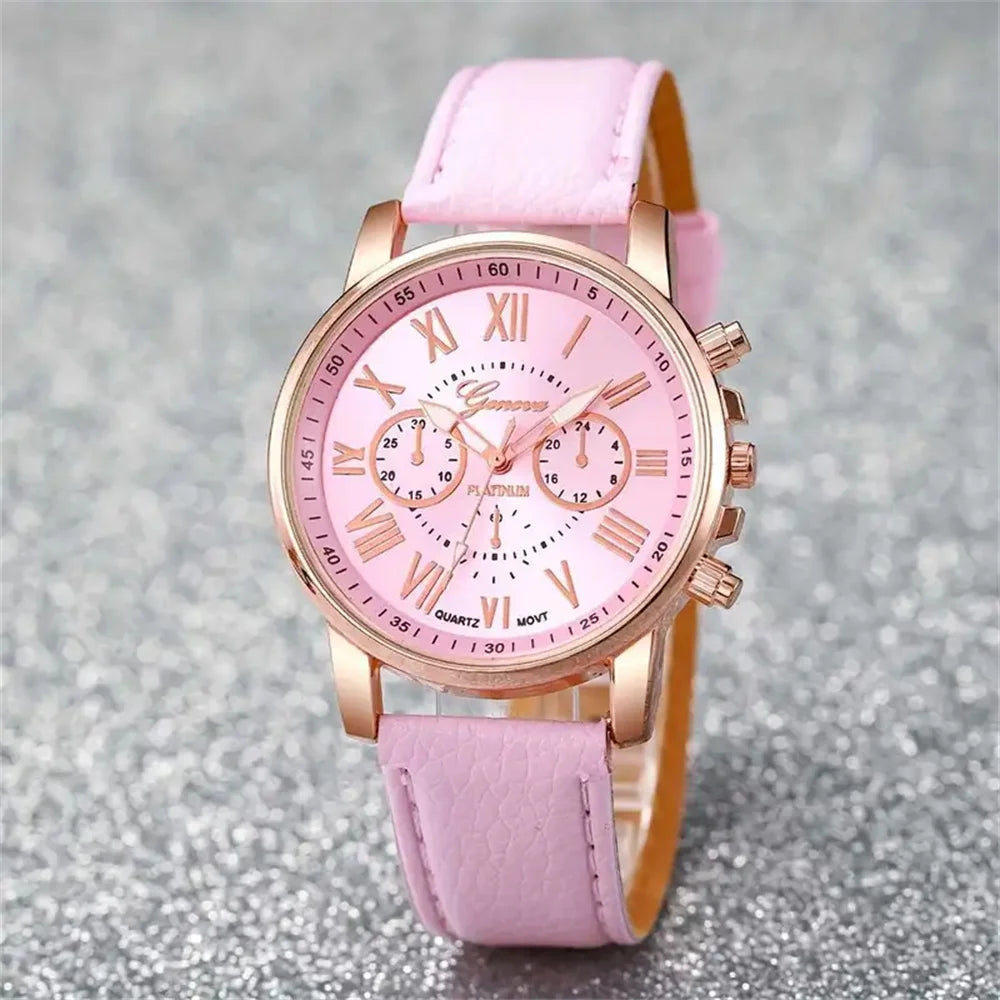 6-Piece Women's Quartz Watch Set — Leather Bands, Heart Rhinestone Analog Watches, 42mm (1.65in) Dial