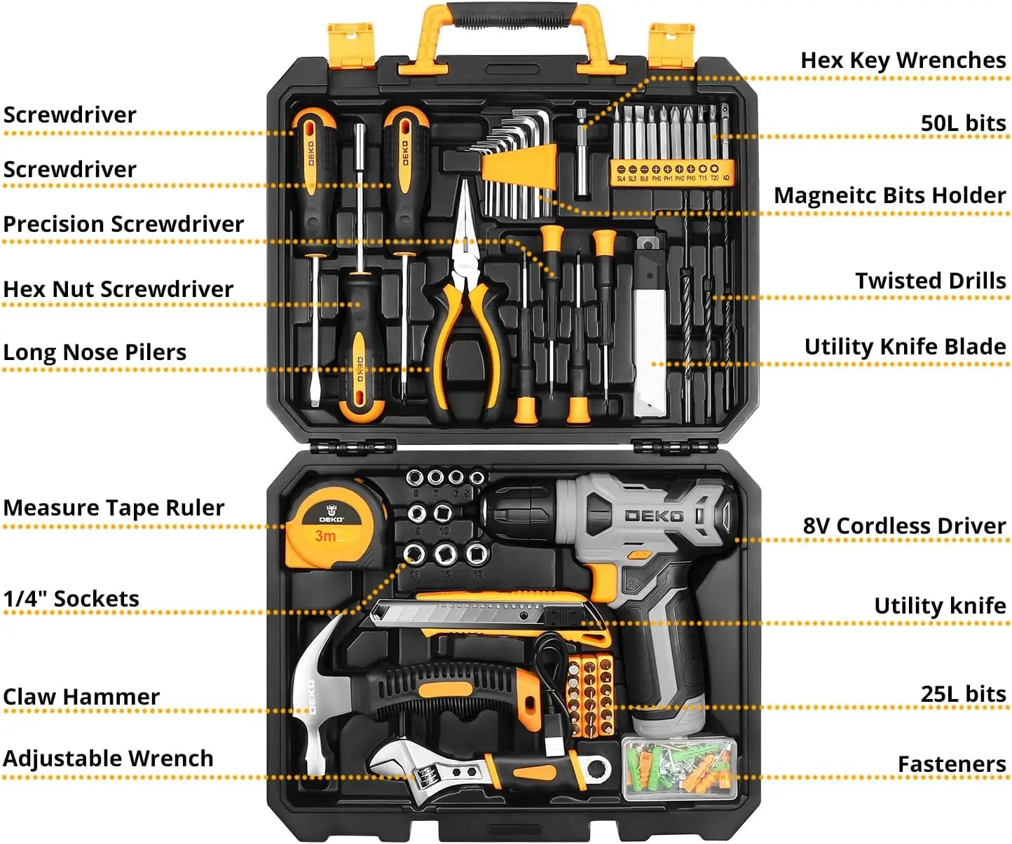 126-Piece Cordless Power Tool Combo Kit with 8V Drill, 10mm (3/8 in) Keyless Chuck — Home DIY Tool Set