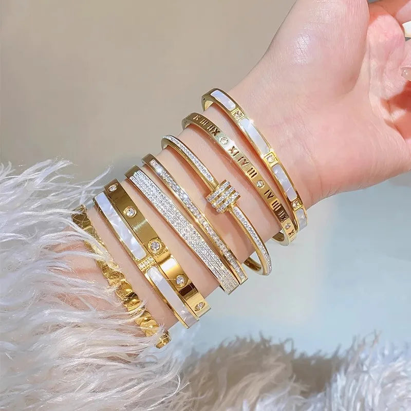8-Piece Stainless Steel Rhinestone Bracelet Set – Elegant Gold & White Stackable Bangles for Women