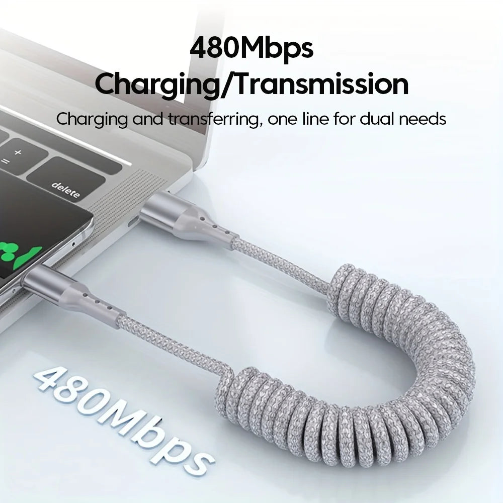 100W USB-C Coiled Car Fast Charging Cable – PD 100W Fast Charge & 60W Data Sync, USB 3.1 Type-C