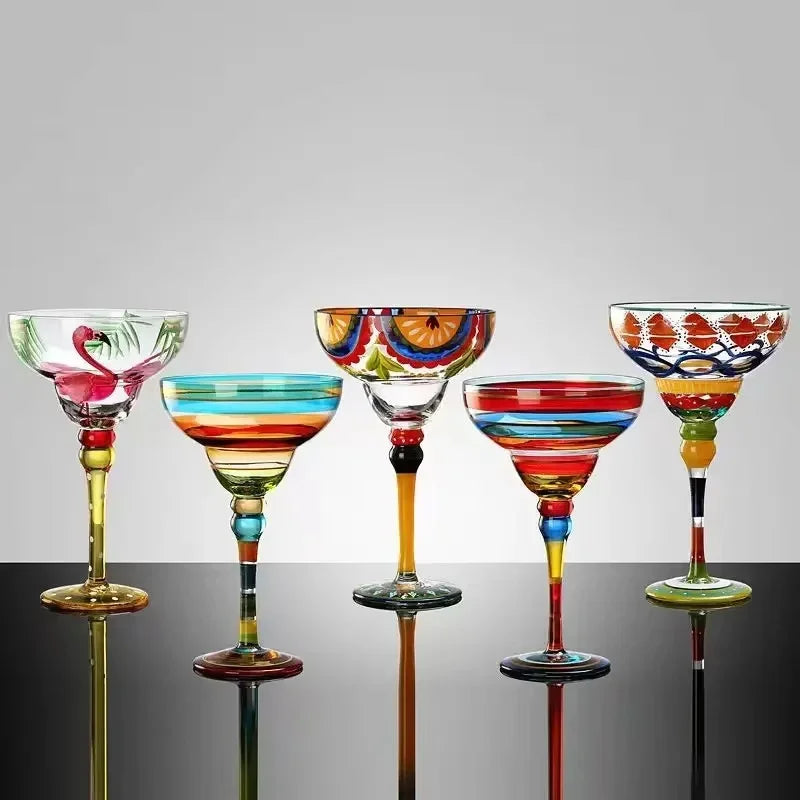 Handmade Colorful Margarita and Champagne Cocktail Glasses Set, Creative Glassware for Home Bar, Weddings and Parties