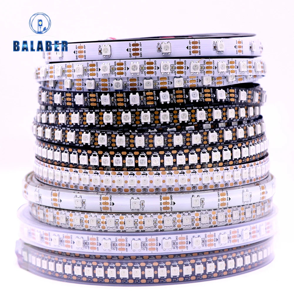5V Addressable RGB LED Strip — Smart Digital Pixel Tape, 30/60/74/96/144 LEDs/m, 1m–5m (3.3–16.4 ft), Black/White PCB, IP30/IP65/IP67