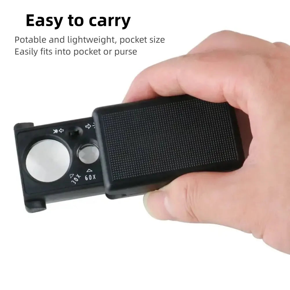 30X/60X Mini LED Handheld Magnifier with UV Light for Jewelry, Coins & Currency Inspection