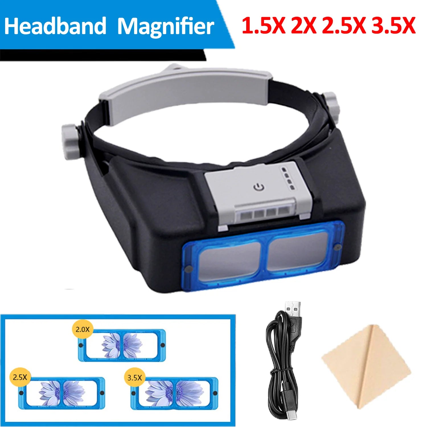 Rechargeable Headband Magnifier with 4 LED Lights — Interchangeable 1.5X/2X/2.5X/3.5X Lenses for Reading, Repair & Soldering