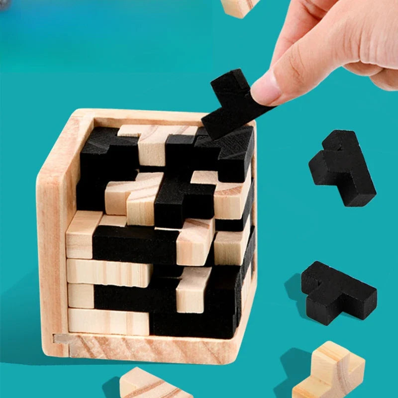 3D Wooden Luban Cube Puzzle Interlocking Brain Teaser Educational Toy for Kids Ages 3+