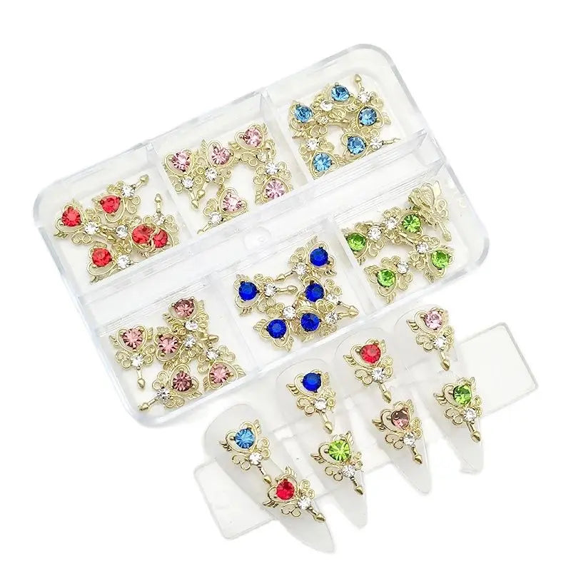 6-Grid Nail Rhinestone Kit – Saturn, Planet & Cross Crystal Nail Charms for Nail Art