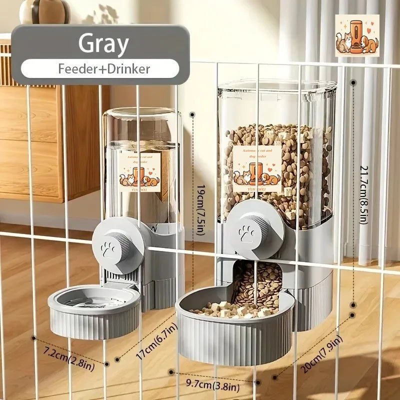 Hanging Gravity Automatic Pet Feeder & Water Dispenser Set for Cages, Auto Food Feeder and Waterer with Bowl (Grey)