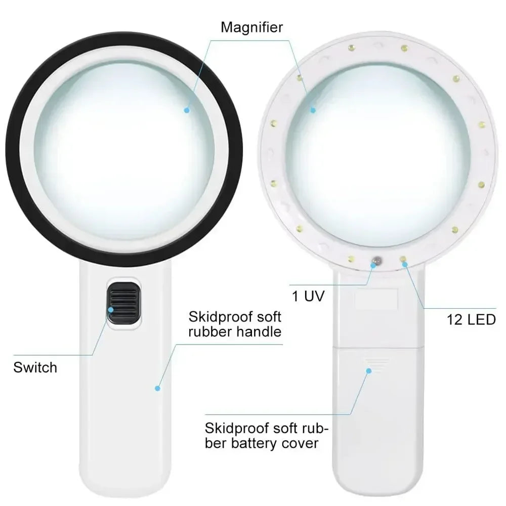 30X Handheld Magnifier with 12 LED Lights, Portable Loupe for Reading, Jewelry & Watch Repair