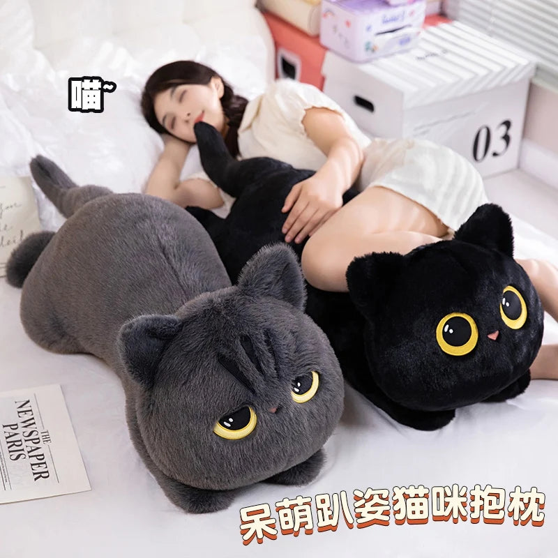Cute Black Cat Plush Pillow – Soft Stuffed Lying Cat Cushion, 50/70/90 cm (19.7/27.6/35.4 in) – Birthday Gift