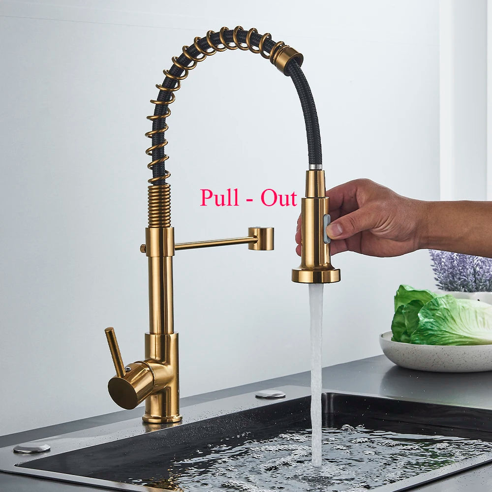Brushed Gold Pull-Down Kitchen Faucet, Spring Spout Single-Handle Deck-Mount Hot & Cold Mixer