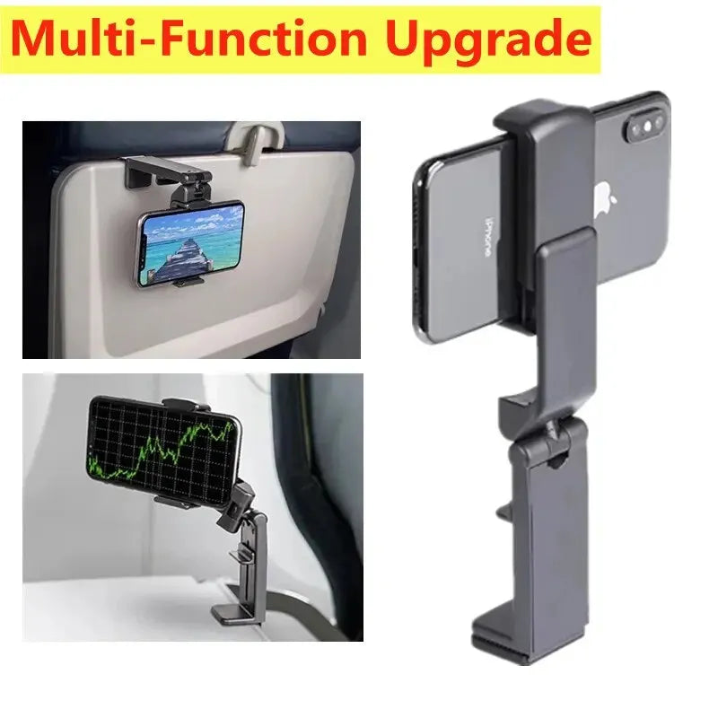 Universal Foldable Airplane Phone Holder – 360° Rotating Portable Travel Clip-On Mount for Desk, Tray Table & Train