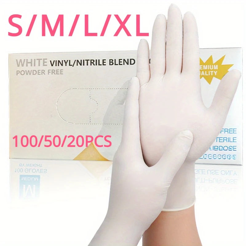 White Nitrile Gloves — 20/50/100 pc Waterproof, Oil-Resistant Gloves for Cleaning, Kitchen, Gardening, Hair Dyeing & Tattoo | Sizes S-XL
