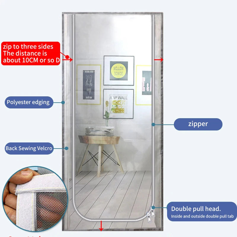 Cat-Resistant Zipper Door Screen - Nano Mesh Pet Door Curtain, Anti-Mosquito & Scratch-Proof, Up/Left Opening