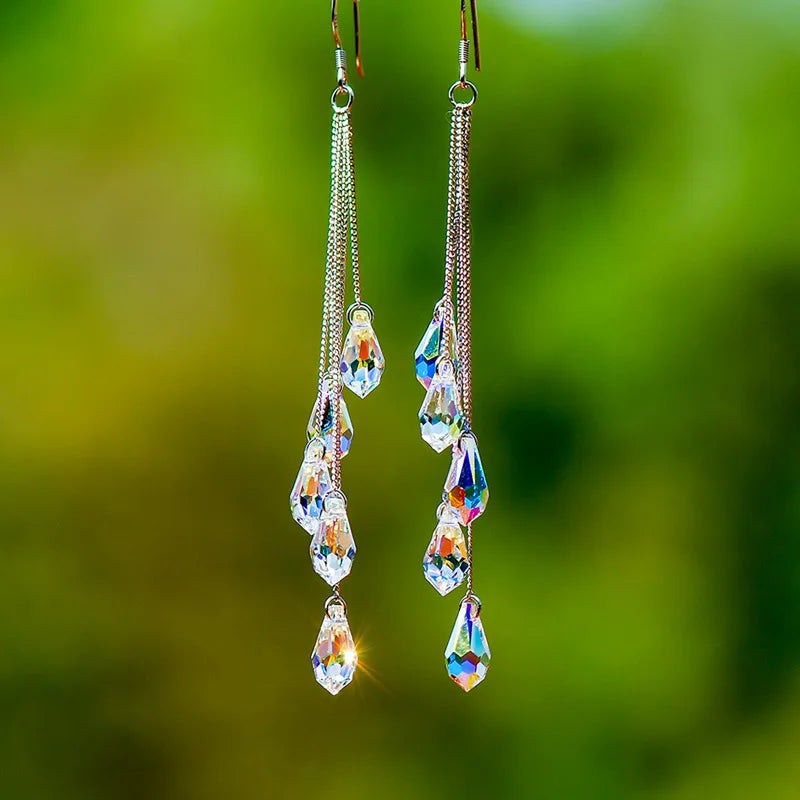 Crystal Water Drop Tassel Earrings - Colorful Long Bridal & Party Drop Earrings for Women