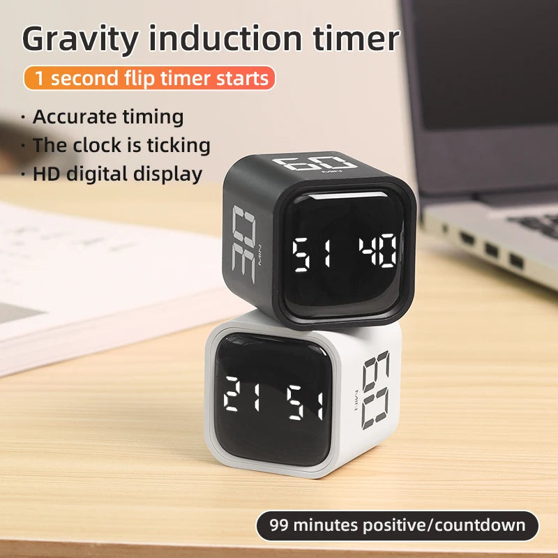 Gravity Flip Digital Timer with Silent Vibration and Sound Alarm, Adjustable 5–60 Minute Countdown for Cooking, Study & Work