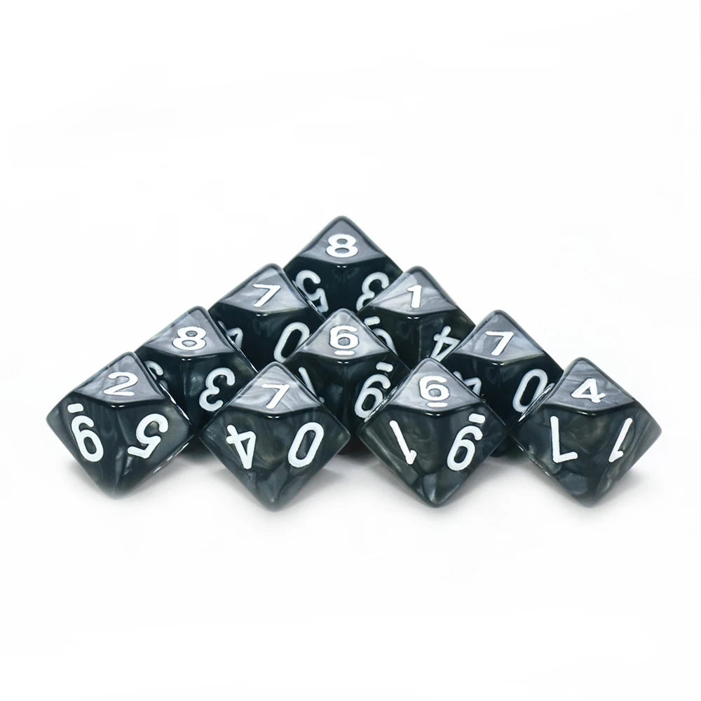 D10 Polyhedral Dice 10-Piece Set for D&D & Tabletop RPGs — Marble & Transparent Styles for Board Games & Parties