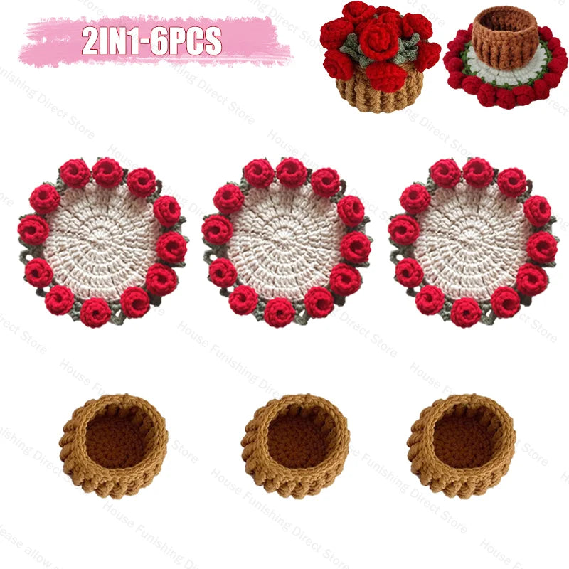 Handmade Crochet Rose Coaster, Heat-Resistant Table Mat for Valentine's Day, Romantic Wedding Gift
