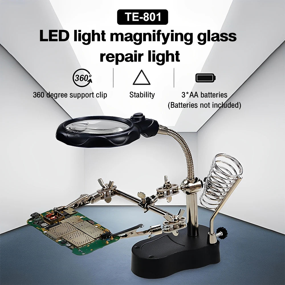 Dual Lens 3.5X/12X Soldering Magnifier with LED Lights & Alligator Clips, Adjustable Clamp Holder for PCB Repair