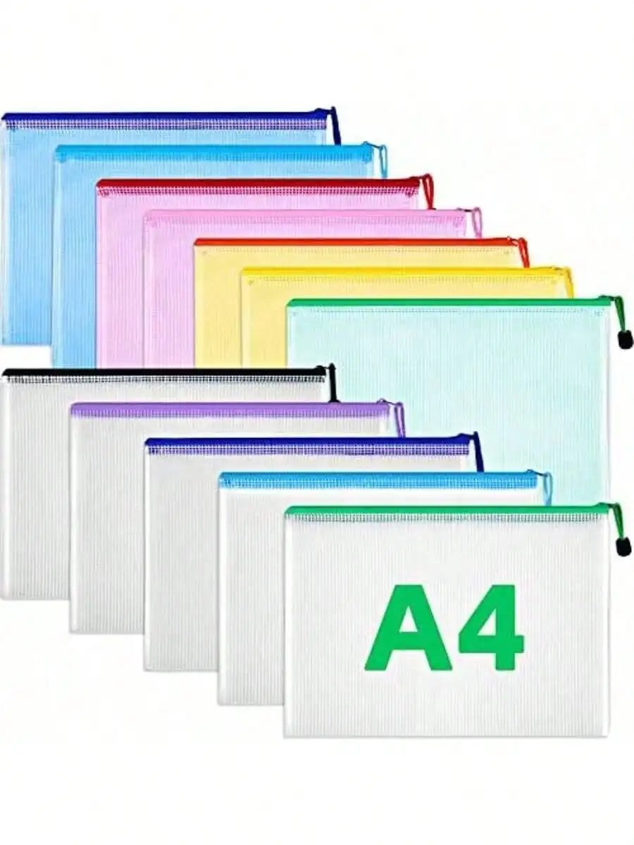 10-Pack A4 Zipper Bags – Multi-Color Waterproof PVC File Organizers for Travel, Office & Home Storage