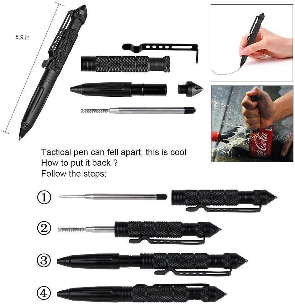 Tactical Self-Defense Pen — Emergency Glass Breaker with Tungsten Steel Tip, Aviation Aluminum Body, Includes 6 Refills