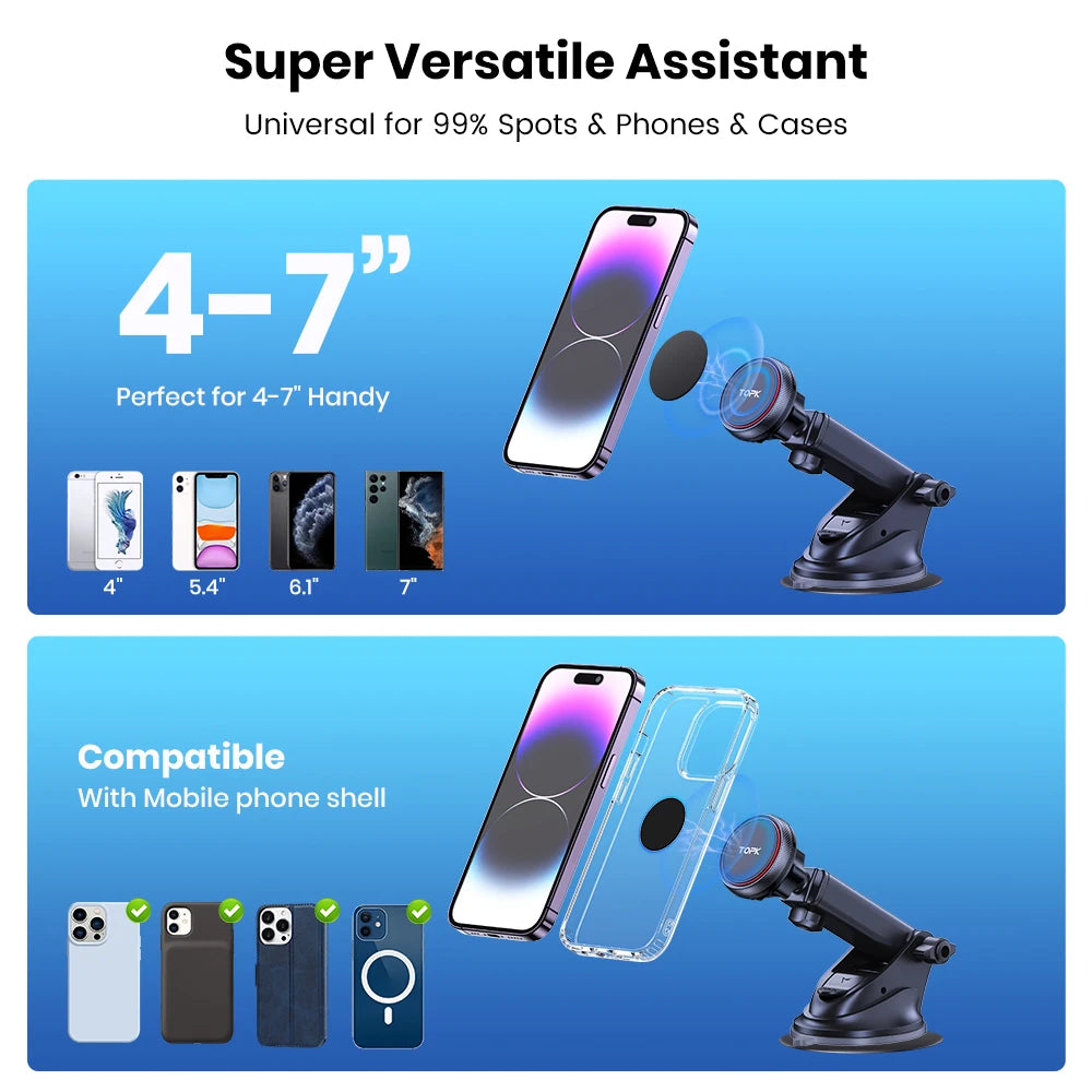 Magnetic Car Phone Holder – Strong Suction Cup Dashboard & Windshield Mount, Long Arm, 360° Adjustable, Fits 4–7 in (10–17.8 cm) Phones