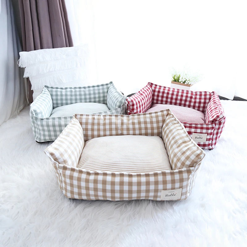 Striped Cotton Pet Bed Sofa for Cats & Small Dogs — Indoor Puppy Kennel (S/M) 50x40x20cm & 60x50x20cm (19.6x15.7x7.8 in & 23.6x19.6x7.8 in)