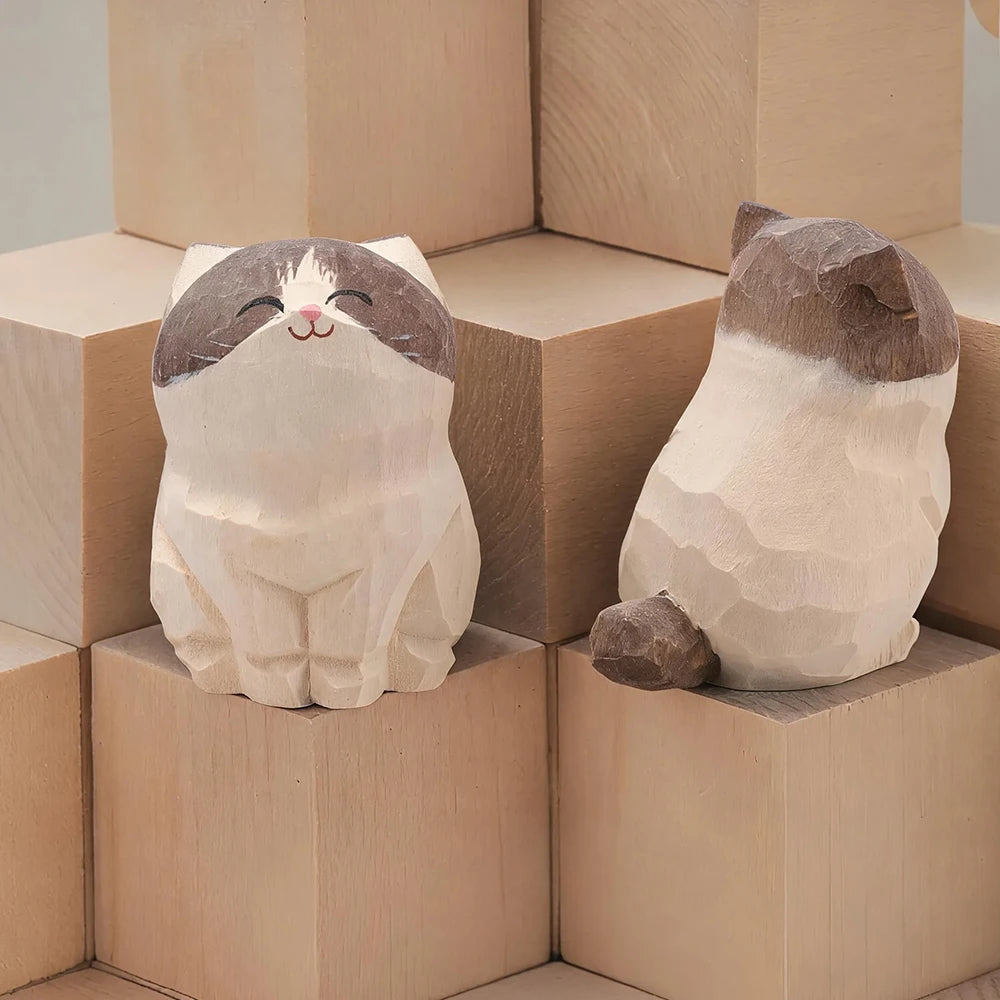 Set of 13 Hand-Carved Wooden Cat Figurines – Basswood Kitty Statues for Desk, Shelf, Car & Home Decor